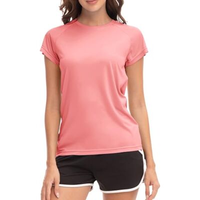 MEETWEE T-shirt de surf rash Guard UV pour femme, tankini UPF 50+, à manches courtes, maillot de bain, Rose/rouge, S MEETWEE T-shirt de surf rash Guard UV pour femme, tankini UPF 50+, à manches courtes, maillot de bain, Rose/rouge, S