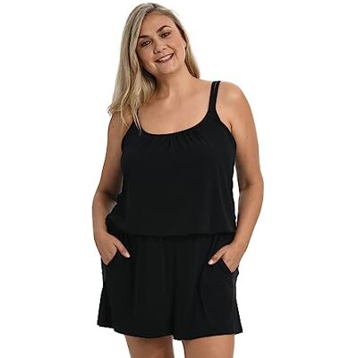 Maxine Of Hollywood womens Plus-size Romper One Piece Swimsuit, Black Solid Tr, 20W US Maxine Of Hollywood womens Plus-size Romper One Piece Swimsuit, Black Solid Tr, 20W US
