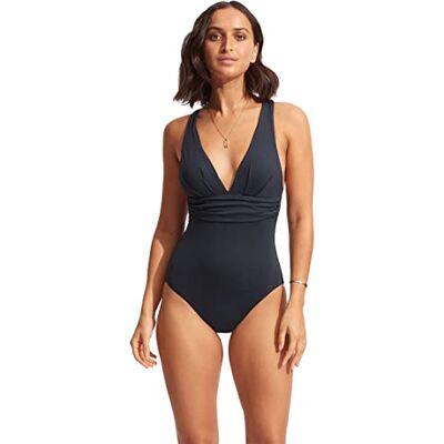 Seafolly Women's Standard Deep V Wide Strap One Piece Swimsuit, Eco Collective True Navy, 6 Seafolly Women's Standard Deep V Wide Strap One Piece Swimsuit, Eco Collective True Navy, 6
