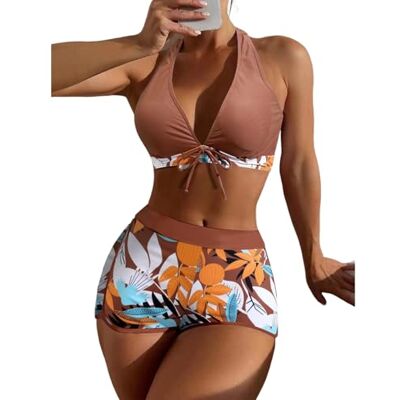 APGLSXY Maillot de bain deux pièces torsadé à col haut noué imprimé feuilles pour femme junior pour femme APGLSXY Maillot de bain deux pièces torsadé à col haut noué imprimé feuilles pour femme junior pour femme