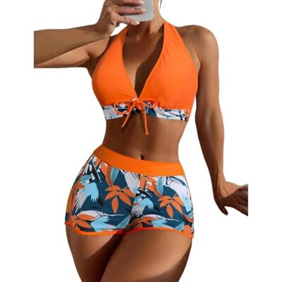APGLSXY Maillot de bain deux pièces torsadé à col haut noué imprimé feuilles pour femme junior pour femme APGLSXY Maillot de bain deux pièces torsadé à col haut noué imprimé feuilles pour femme junior pour femme