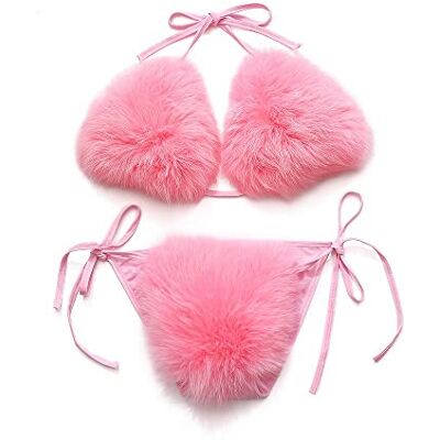 ZOSCGJMY Women's Faux Fur Halter String Triangle Bikini Sets Two Piece Swimsuits (Pink) ZOSCGJMY Women's Faux Fur Halter String Triangle Bikini Sets Two Piece Swimsuits (Pink)