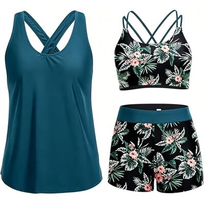 Uqezagpa Ensemble tankini 3 pièces avec cache-maillot de bain élastique haut pour femme pour la plage, les fêtes de piscine, les fêtes de plage, les fêtes de piscine, taille haute, bas et haut Uqezagpa Ensemble tankini 3 pièces avec cache-maillot de bain élastique haut pour femme pour la plage, les fêtes de piscine, les fêtes de plage, les fêtes de piscine, taille haute, bas et haut