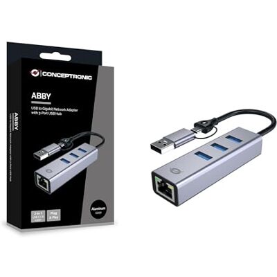 Conceptronic Adaptateur USB-C/USB-A 3.0 vers Gigabit Ethernet avec 3 ports USB-A 3.0, vitesse de transfert 5 Gbit/s Conceptronic Adaptateur USB-C/USB-A 3.0 vers Gigabit Ethernet avec 3 ports USB-A 3.0, vitesse de transfert 5 Gbit/s