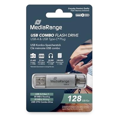 MediaRange Clé USB 3.0 Combo avec connecteur USB Type-C 128 Go argenté MR938 MediaRange Clé USB 3.0 Combo avec connecteur USB Type-C 128 Go argenté MR938