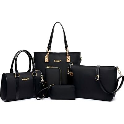 Lengender Femmes Mode 6Pcs Bag Set PU Cuir Sac Portés Main + Fourre-Tout + Sac à Bandoulière + Portefeuille + Titulaire de la Carte Pochettes, Noir Lengender Femmes Mode 6Pcs Bag Set PU Cuir Sac Portés Main + Fourre-Tout + Sac à Bandoulière + Portefeuille + Titulaire de la Carte Pochettes, Noir