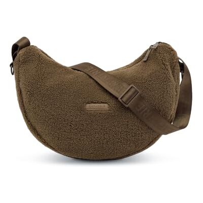 Expatrié Leni Sac à bandoulière en forme de croissant en peluche pour femme Sangle réglable et anneaux en D pour attacher à la poussette Expatrié Leni Sac à bandoulière en forme de croissant en peluche pour femme Sangle réglable et anneaux en D pour attacher à la poussette