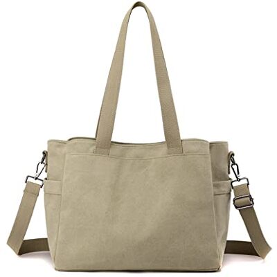NICOLE & DORIS Grand sac fourre-tout en toile pour femme Sac à bandoulière multi-poches Sac à main décontracté pour le shopping, les voyages, l'école, kaki, L NICOLE & DORIS Grand sac fourre-tout en toile pour femme Sac à bandoulière multi-poches Sac à main décontracté pour le shopping, les voyages, l'école, kaki, L