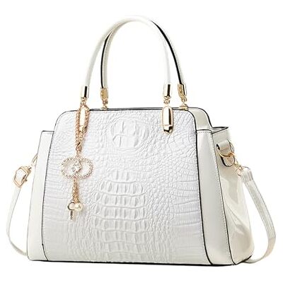 NICOLE & DORIS Sac à main moyen pour femme avec poignée sur le dessus, sac fourre-tout tendance, sac à bandoulière crocodile, sac à main en cuir verni, blanc, L NICOLE & DORIS Sac à main moyen pour femme avec poignée sur le dessus, sac fourre-tout tendance, sac à bandoulière crocodile, sac à main en cuir verni, blanc, L