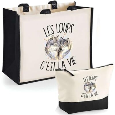 Planetee Duo cabas jute et trousse noire Loups C'est la vie Cadeau Anniversaire Noël Sac de courses Pochette Femme Homme Shopping, Beige Planetee Duo cabas jute et trousse noire Loups C'est la vie Cadeau Anniversaire Noël Sac de courses Pochette Femme Homme Shopping, Beige