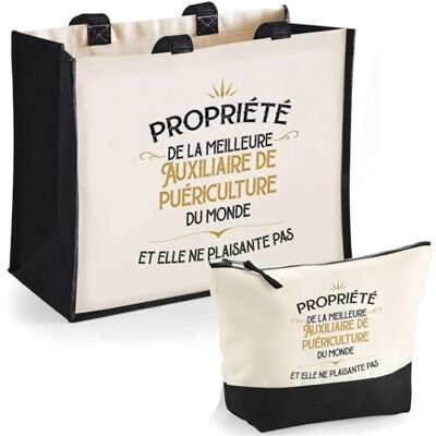 Planetee Duo cabas jute et trousse noire Propriété de la Meilleure Auxiliaire de puériculture Cadeau collègue femme humour retraite secret santa Sac shopping courses et pochette Planetee Duo cabas jute et trousse noire Propriété de la Meilleure Auxiliaire de puériculture Cadeau collègue femme humour retraite secret santa Sac shopping courses et pochette