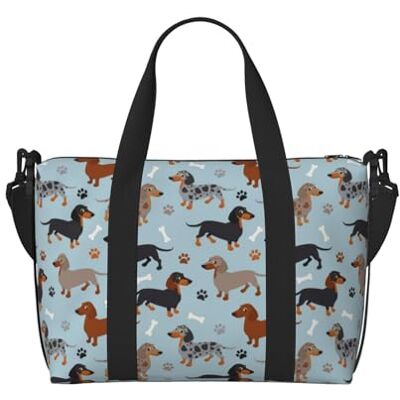 YUNWEIKEJI Grand sac de plage à bandoulière avec poignées et sangles Motif teckel et os Bleu, comme sur l'image, taille unique YUNWEIKEJI Grand sac de plage à bandoulière avec poignées et sangles Motif teckel et os Bleu, comme sur l'image, taille unique