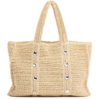 GIOSEPPO Sac fourre-tout LOMIRA pour femme Raphia avec ornements strass dans un ton naturel Mode plage été Fermeture éclair et poche intérieure Sac bohème pour usage quotidien et voyage, GIOSEPPO Sac fourre-tout LOMIRA pour femme Raphia avec ornements strass dans un ton naturel Mode plage été Fermeture éclair et poche intérieure Sac bohème pour usage quotidien et voyage,