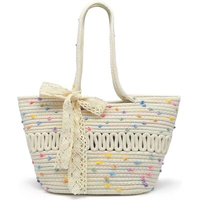 Pahajim Sac Crochet Fait Main Grande Pochette Tressée Bandoulière Shopping Bag avec Fermeture Éclair Blanc Coloré, L Pahajim Sac Crochet Fait Main Grande Pochette Tressée Bandoulière Shopping Bag avec Fermeture Éclair Blanc Coloré, L