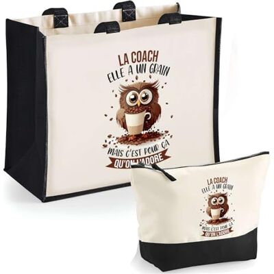 Planetee Duo trousse et cabas jute noir La Coach Chouette Grain Sac de courses Pochette Maquillage Cadeau Femme Anniversaire Shopping, Beige Planetee Duo trousse et cabas jute noir La Coach Chouette Grain Sac de courses Pochette Maquillage Cadeau Femme Anniversaire Shopping, Beige