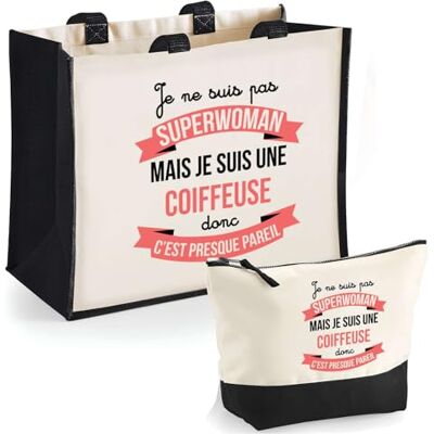 Planetee Duo Trousse et Cabas Jute Noir Coiffeuse Superwoman Sac de Courses Pochette Maquillage Cadeau Femme Anniversaire Shopping, Beige Planetee Duo Trousse et Cabas Jute Noir Coiffeuse Superwoman Sac de Courses Pochette Maquillage Cadeau Femme Anniversaire Shopping, Beige