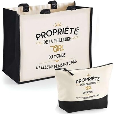 Planetee Duo cabas jute et trousse noire Propriété de la Meilleure Girl Cadeau Femme Anniversaire Humour Noël sac shopping courses pratique pochette rangement Planetee Duo cabas jute et trousse noire Propriété de la Meilleure Girl Cadeau Femme Anniversaire Humour Noël sac shopping courses pratique pochette rangement