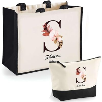 Planetee Duo cabas jute et trousse noir Shaïna Lettre Fleur Cadeau Anniversaire Femme Noël Fête des Mères Set Shopping Sac de courses & Pochette Planetee Duo cabas jute et trousse noir Shaïna Lettre Fleur Cadeau Anniversaire Femme Noël Fête des Mères Set Shopping Sac de courses & Pochette