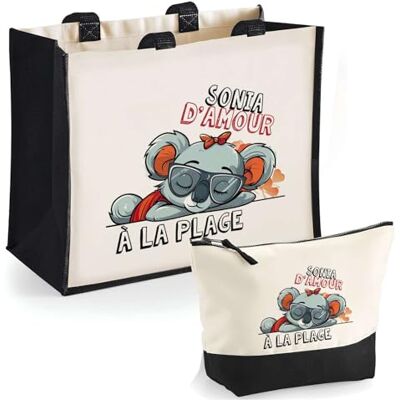 Planetee Duo cabas jute et trousse noir Sonia d'amour à la Plage Cadeau Anniversaire Femme Noël Fête des Mères Set Shopping Sac de courses & Pochette Planetee Duo cabas jute et trousse noir Sonia d'amour à la Plage Cadeau Anniversaire Femme Noël Fête des Mères Set Shopping Sac de courses & Pochette