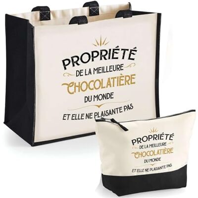 Planetee Duo cabas jute et trousse noire Propriété de la Meilleure Chocolatière Cadeau collègue femme humour retraite secret santa Sac shopping courses et pochette Planetee Duo cabas jute et trousse noire Propriété de la Meilleure Chocolatière Cadeau collègue femme humour retraite secret santa Sac shopping courses et pochette