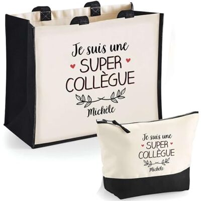 Planetee Duo cabas jute et trousse noir Michèle Une Super Collègue Cadeau Anniversaire Femme Noël Fête des Mères Set Shopping Sac de courses & Pochette Planetee Duo cabas jute et trousse noir Michèle Une Super Collègue Cadeau Anniversaire Femme Noël Fête des Mères Set Shopping Sac de courses & Pochette