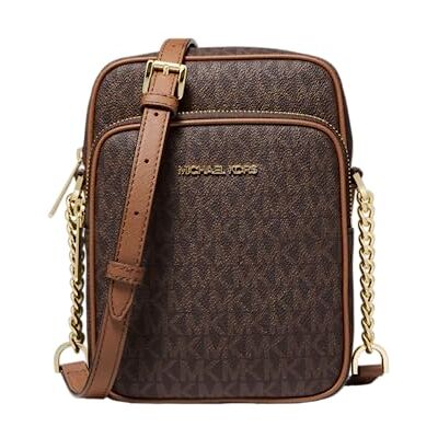 Michael Kors Jet Set Travel Signature Sac à bandoulière en PVC avec chaîne et logo Taille M, Brun, M Michael Kors Jet Set Travel Signature Sac à bandoulière en PVC avec chaîne et logo Taille M, Brun, M