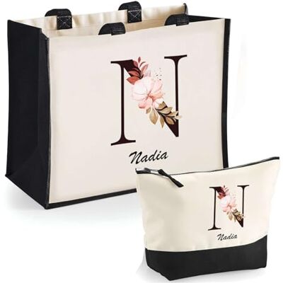 Planetee Duo cabas jute et trousse noir Nadia Lettre Fleur Cadeau Anniversaire Femme Noël Fête des Mères Set Shopping Sac de courses & Pochette Planetee Duo cabas jute et trousse noir Nadia Lettre Fleur Cadeau Anniversaire Femme Noël Fête des Mères Set Shopping Sac de courses & Pochette