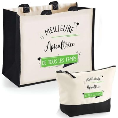 Planetee Duo Trousse et Cabas Jute Noir Apicultrice Meilleure de Tous Les Temps Femme Sac de Courses Pochette Maquillage Cadeau Femme Anniversaire Shopping, Beige Planetee Duo Trousse et Cabas Jute Noir Apicultrice Meilleure de Tous Les Temps Femme Sac de Courses Pochette Maquillage Cadeau Femme Anniversaire Shopping, Beige