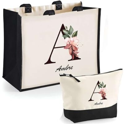 Planetee Duo cabas jute et trousse noir Ambre Lettre Fleur Cadeau Anniversaire Femme Noël Fête des Mères Set Shopping Sac de courses & Pochette Planetee Duo cabas jute et trousse noir Ambre Lettre Fleur Cadeau Anniversaire Femme Noël Fête des Mères Set Shopping Sac de courses & Pochette