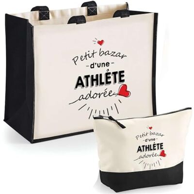 Planetee Duo cabas jute et trousse noir Bazar d'une Athlète adorée Set de Shopping Femme Anniversaire Noël Fête des Mères Cadeau Mamie Sac de courses et Pochette Planetee Duo cabas jute et trousse noir Bazar d'une Athlète adorée Set de Shopping Femme Anniversaire Noël Fête des Mères Cadeau Mamie Sac de courses et Pochette