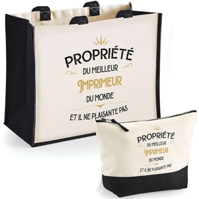 Planetee Duo cabas jute et trousse noire Propriété du Meilleur Imprimeur Cadeau collègue homme humour retraite secret santa Sac shopping courses et pochette Planetee Duo cabas jute et trousse noire Propriété du Meilleur Imprimeur Cadeau collègue homme humour retraite secret santa Sac shopping courses et pochette