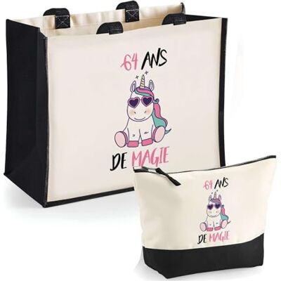 Planetee Duo cabas jute et trousse noire 64 ans de Magie Cadeau Femme Homme, Anniversaire Noël, Maman Papa Sac Shopping Courses Pochette Rangement Planetee Duo cabas jute et trousse noire 64 ans de Magie Cadeau Femme Homme, Anniversaire Noël, Maman Papa Sac Shopping Courses Pochette Rangement