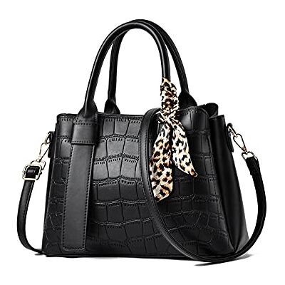 NICOLE & DORIS SAC Main en Cuir, Pochette Épaule Rétro Fourre-Tout avec Ruban Léopard, Mode Noir, L NICOLE & DORIS SAC Main en Cuir, Pochette Épaule Rétro Fourre-Tout avec Ruban Léopard, Mode Noir, L