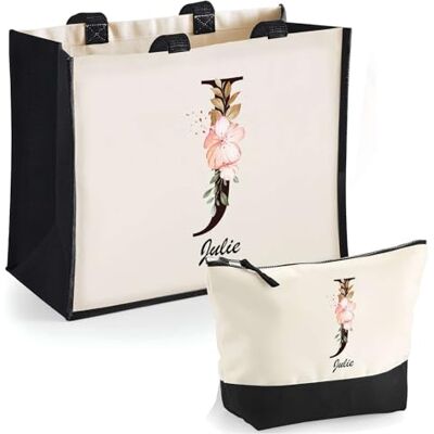 Planetee Duo trousse et cabas jute noir Julie Lettre Fleur Sac de courses Pochette Maquillage Cadeau Femme Anniversaire Shopping, Beige Planetee Duo trousse et cabas jute noir Julie Lettre Fleur Sac de courses Pochette Maquillage Cadeau Femme Anniversaire Shopping, Beige