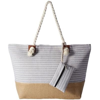 DonDon Grand sac de plage hydrofuge à fermeture éclair rayé gris DonDon Grand sac de plage hydrofuge à fermeture éclair rayé gris