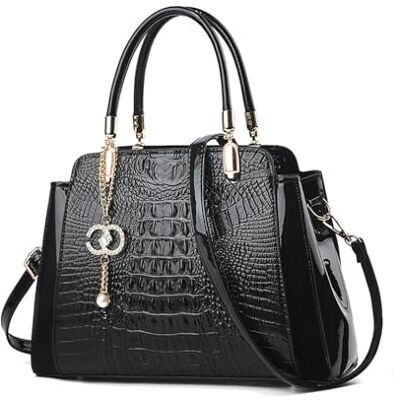 NICOLE & DORIS Sac à main moyen pour femme avec poignée sur le dessus, sac fourre-tout tendance, sac à bandoulière crocodile, sac à main en cuir verni, Noir , L NICOLE & DORIS Sac à main moyen pour femme avec poignée sur le dessus, sac fourre-tout tendance, sac à bandoulière crocodile, sac à main en cuir verni, Noir , L