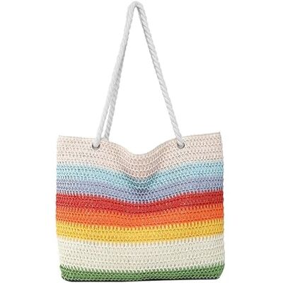 Syzplnwy Sac de plage en paille à rayures arc-en-ciel – Grand sac fourre-tout tissé pour femme, sac à bandoulière bohème tendance avec rayures colorées, parfait pour l'été pour les piscines et les marchés, b Syzplnwy Sac de plage en paille à rayures arc-en-ciel – Grand sac fourre-tout tissé pour femme, sac à bandoulière bohème tendance avec rayures colorées, parfait pour l'été pour les piscines et les marchés, b