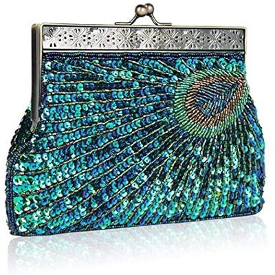 Verus Pochette Paon Vintage à Sequins, Sacs à main de soirée perlés antiques, sac à main accrocheur turquoise pour mariage, Bleu, S, Vintage Verus Pochette Paon Vintage à Sequins, Sacs à main de soirée perlés antiques, sac à main accrocheur turquoise pour mariage, Bleu, S, Vintage