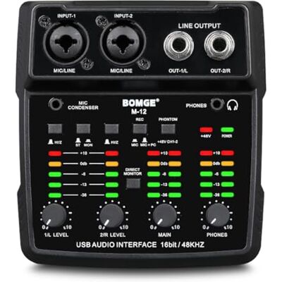 BOMGE Interface audio USB M12, mixeur à 2 canaux, entrée XLR/3,5 mm, alimentation 48 V, carte son pour enregistrement PC, studio, spectacle en direct, karaoké, Plug & Play BOMGE Interface audio USB M12, mixeur à 2 canaux, entrée XLR/3,5 mm, alimentation 48 V, carte son pour enregistrement PC, studio, spectacle en direct, karaoké, Plug & Play