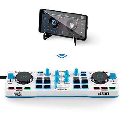 Hercules DJControl Mix Contrôleur sans fil iOS/Android Contrôleur DJ Bluetooth ultra-compact pour smartphones, platines tactiles, 4 pads perf., app djay Hercules DJControl Mix Contrôleur sans fil iOS/Android Contrôleur DJ Bluetooth ultra-compact pour smartphones, platines tactiles, 4 pads perf., app djay