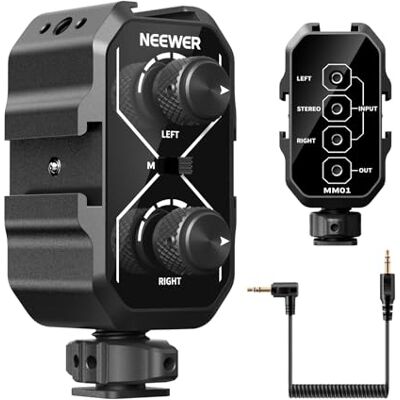 NEEWER MM01 Adaptateur mélangeur audio double canal avec câble TRS 3,5 mm, interrupteur stéréo/mono, supports de griffe pour appareil photo reflex numérique, smartphones, microphones alimentés par NEEWER MM01 Adaptateur mélangeur audio double canal avec câble TRS 3,5 mm, interrupteur stéréo/mono, supports de griffe pour appareil photo reflex numérique, smartphones, microphones alimentés par