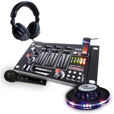 Ibiza Kit table de mixage + casque + micro noir + jeu de lumière effet UFO Ibiza Kit table de mixage + casque + micro noir + jeu de lumière effet UFO