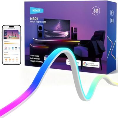 NEEWER Bande LED 5 m à éclairage frontal, lumières néon RVB coupables Smart AI, contrôle app changement de couleur pour chambre à coucher, salle de jeux, studio maison, salle de classe, mur, extérieur NEEWER Bande LED 5 m à éclairage frontal, lumières néon RVB coupables Smart AI, contrôle app changement de couleur pour chambre à coucher, salle de jeux, studio maison, salle de classe, mur, extérieur