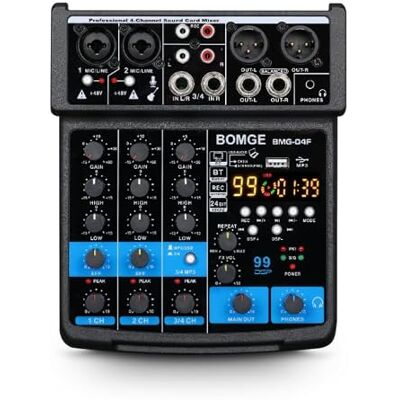 BOMGE 4CH Mini DJ Audio Sound Mixer Interface avec MP3 USB Bluetooth Enregistrement Stéréo Alimentation fantôme 48V 24DSP pour Karaoké, Performance, Chant d'Église et Streaming BOMGE 4CH Mini DJ Audio Sound Mixer Interface avec MP3 USB Bluetooth Enregistrement Stéréo Alimentation fantôme 48V 24DSP pour Karaoké, Performance, Chant d'Église et Streaming