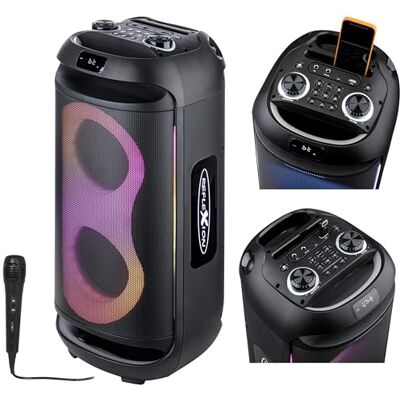 Reflexion PSX40BT Enceinte mobile Bluetooth DJ karaoké 500 W Radio stéréo FM PLL Éclairage disco avec sélection de modes Microphone inclus Batterie au lithium Reflexion PSX40BT Enceinte mobile Bluetooth DJ karaoké 500 W Radio stéréo FM PLL Éclairage disco avec sélection de modes Microphone inclus Batterie au lithium
