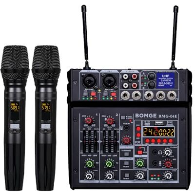 BOMGE 04E Table de mixage audio karaoké 4 canaux avec double micro sans fil UHF, console de son, MP3, Bluetooth, alimentation fantôme, interface audio USB, mixage DJ pour fête informatique studio BOMGE 04E Table de mixage audio karaoké 4 canaux avec double micro sans fil UHF, console de son, MP3, Bluetooth, alimentation fantôme, interface audio USB, mixage DJ pour fête informatique studio