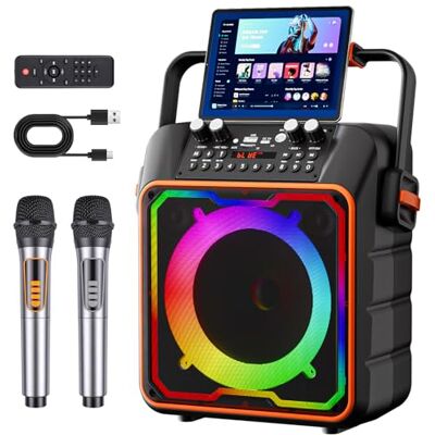 Glovios Karaoké avec 2 Microphones, Enceinte Bluetooth Karaoké et Lumières DJ pour Adultes et Enfants, Système PA Portable avec 2 Micros pour Fête à la Maison Glovios Karaoké avec 2 Microphones, Enceinte Bluetooth Karaoké et Lumières DJ pour Adultes et Enfants, Système PA Portable avec 2 Micros pour Fête à la Maison