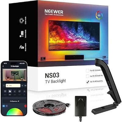 NEEWER BASICS NS03 Rétroéclairage LED pour TV 75"-85", bande LED RVB 5 m avec capteur de changement avec TV, marche/arrêt programmé, changement de couleur à zéro, sync musical, 24 effets de scène NEEWER BASICS NS03 Rétroéclairage LED pour TV 75"-85", bande LED RVB 5 m avec capteur de changement avec TV, marche/arrêt programmé, changement de couleur à zéro, sync musical, 24 effets de scène