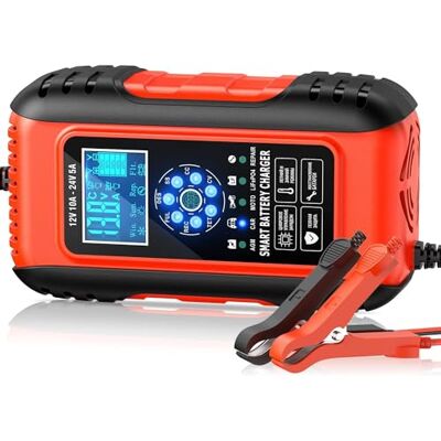 Husgw Chargeur de Batterie Intelligent 10A 12V/5A 24V, Chargeur Batterie Mainteneur et Automatique Réparation Fonction Portable avec Écran LCD, pour Voiture Moto Camion, AGM, Gel, Wet, SLA Husgw Chargeur de Batterie Intelligent 10A 12V/5A 24V, Chargeur Batterie Mainteneur et Automatique Réparation Fonction Portable avec Écran LCD, pour Voiture Moto Camion, AGM, Gel, Wet, SLA