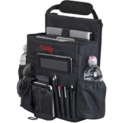 Tidify Organisateur de protection de dossier de voiture pour les sièges avant avec compartiment spécial pour tablette/ordinateur portable, sangles latérales stabilisantes, bandoulière réglable et boucles Tidify Organisateur de protection de dossier de voiture pour les sièges avant avec compartiment spécial pour tablette/ordinateur portable, sangles latérales stabilisantes, bandoulière réglable et boucles